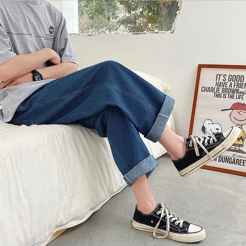 Korean Fashion Men Wide Leg Cropped Pants Jeans Autumn Streetwear Straight Baggy Denim Pants Male Trousers Baggy Jeans Boyfriend