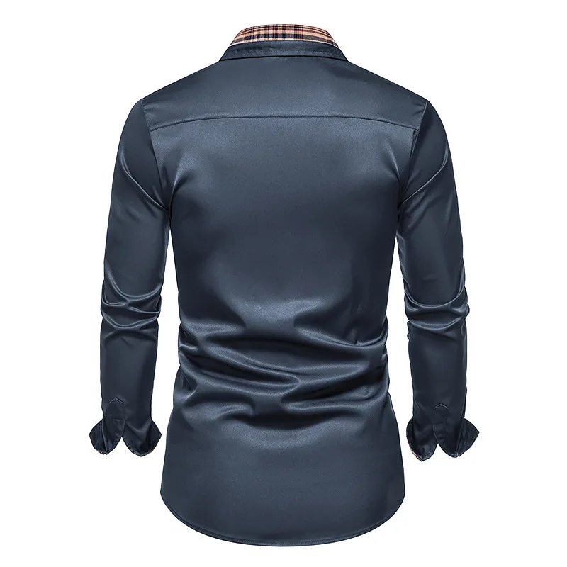 2022 Men Plaid Patchwork Formal Shirts for Slim Long Sleeve White Button Up Spring Business Office  landuxiu
