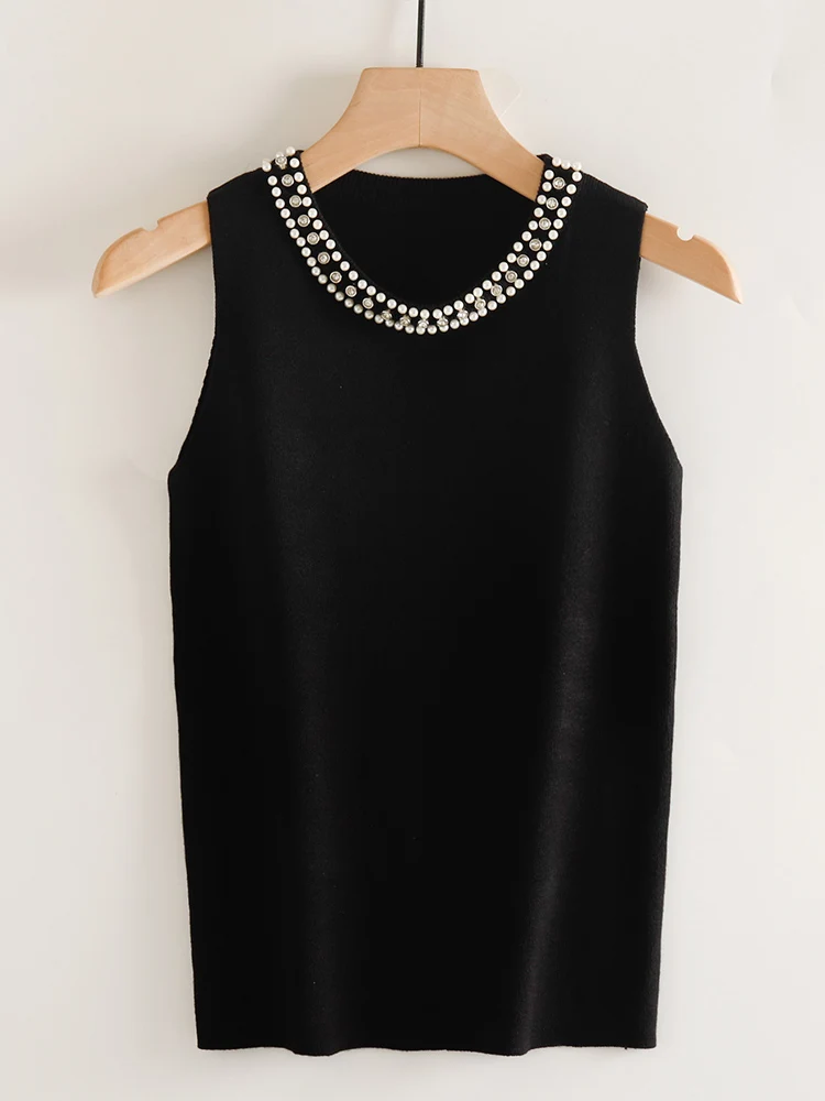 

BETHQUENOY Fashion Faux Pearl Beading Round Neck Tank Top Women Clothing 2023 Wide Strap Sleeveless Casual Tanks Tops Femme