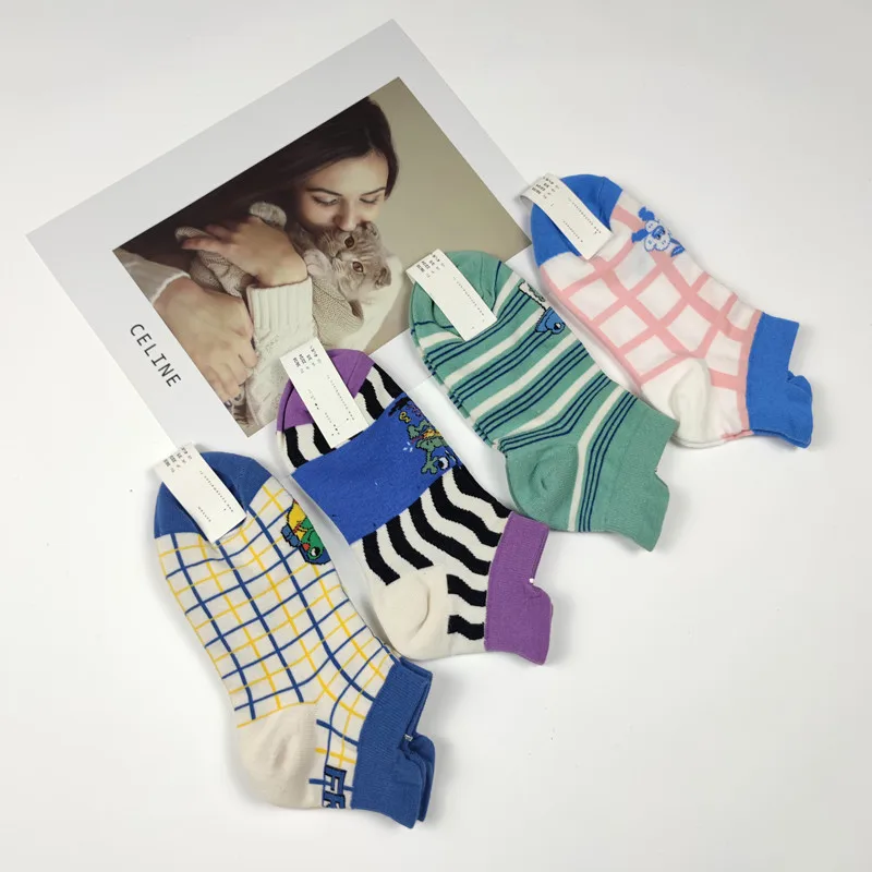 ALYDamei 1 pair of women's cotton socks summer cartoon grid cute girly style super nice