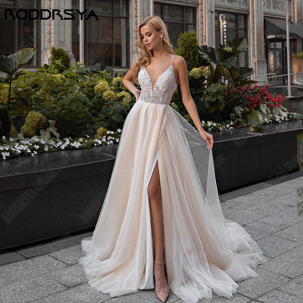 

RODDRSYA Light Champagne Modern Wedding Dress A-Line Spaghetti Straps Bride Gowns Side Split Tulle Zipper Back vestidos de novia