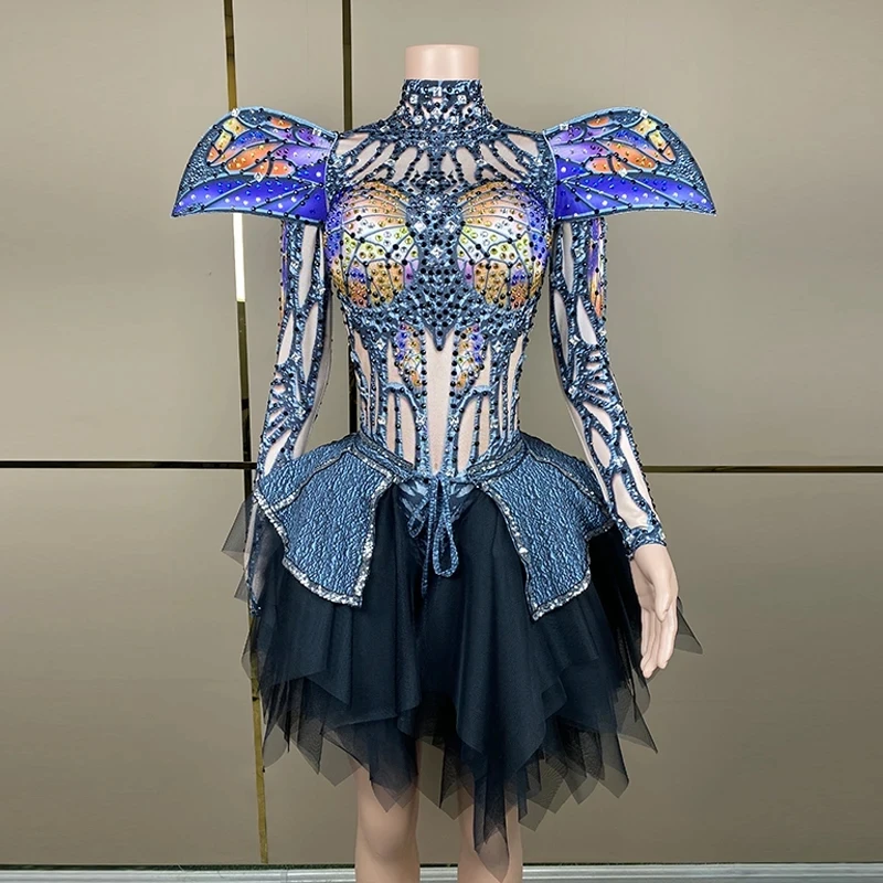 Платье-бабочка со стразами одежда для танцовщицы Gogo ночной клуб бар Dj Ds