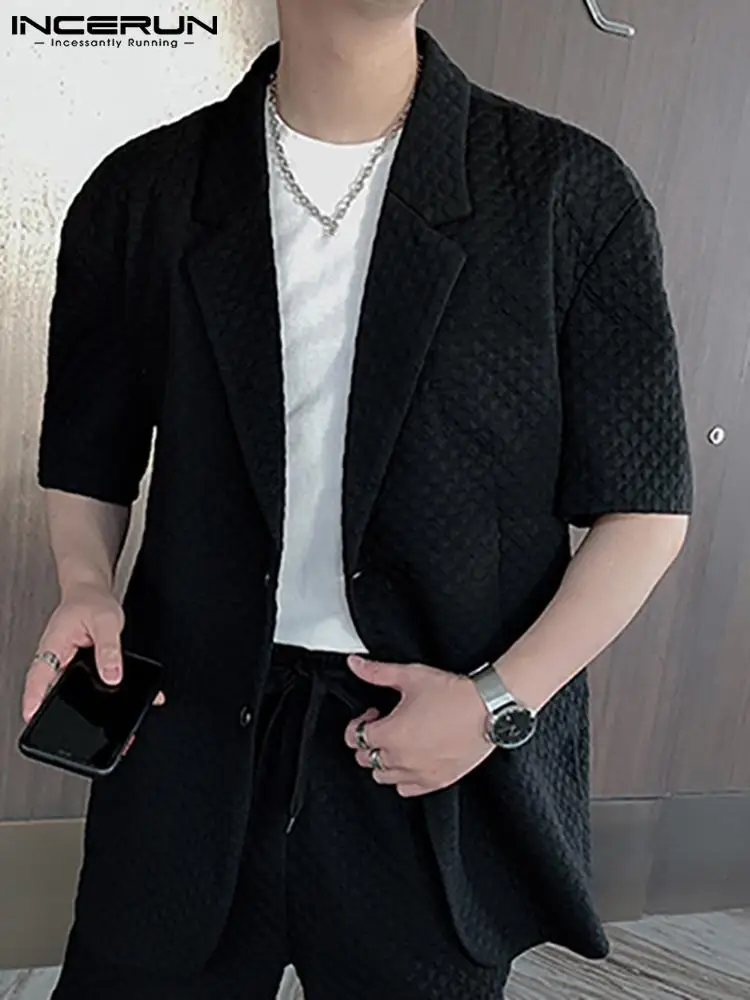 

INCERUN Fashion Men Casual Shirt Solid Color Lapel Short Sleeve Streetwear Button Leisure Camias 2022 Folds Men Clothing S-5XL