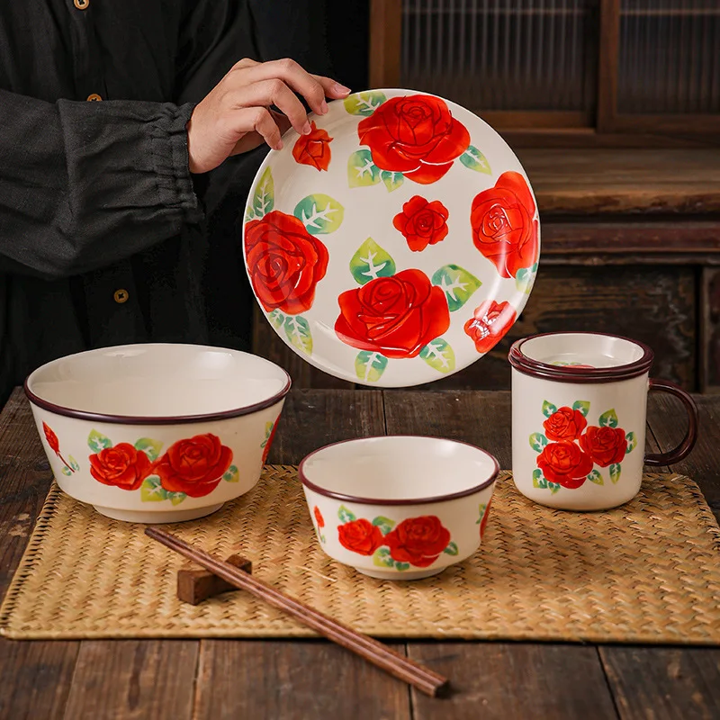 

Chinese Hand-painted Creative Red Rose Series Ceramic Tableware, Household Rice Bowls, Plates, and Dishes