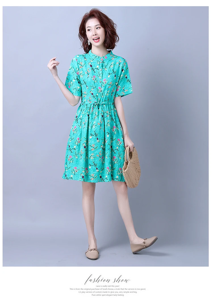 

Summer Woman Cotton Linen Vintage Dress Stand Collar New Fashion Button Printing Short Sleeve Dresses Female