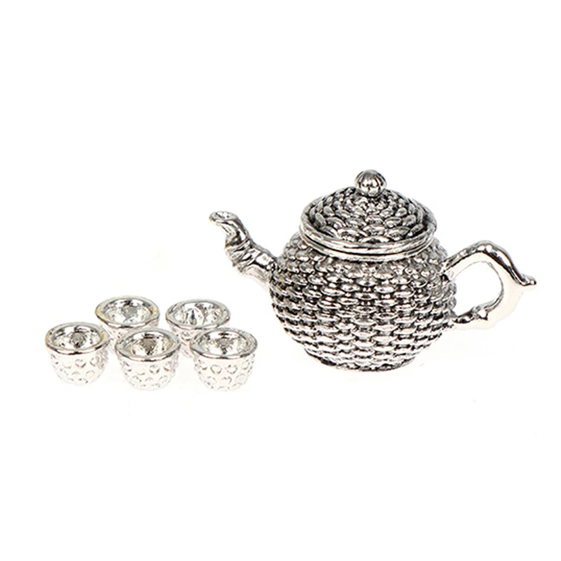 

6Pcs 1:12 Dollhouse Miniature Furniture Teapot W/ Lid+5 Cups Dining Ware Set Kitchen Dollhouse Decor Accessories