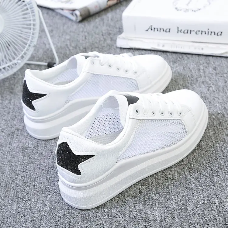 Ladies Casual Summer Sneakers 2022 Ladies Spring Flat Shoes Fashion Breathable Lace Up White Sports Vulcanized Shoes