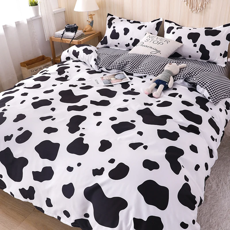 Home Kawaii Girl Kids 3/4pcs Bedding Set Black And White Cow Duvet Cover Sheet Pillowcase Bed Linens Single King Queen Full
