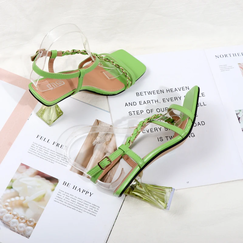 fashion woven metal chain square heels sandals high heel transparent thick heel women's sandals spring summer 2022