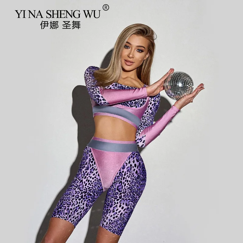 Новый спортивный костюм для йоги с леопардовым принтом топ длинными рукавами и