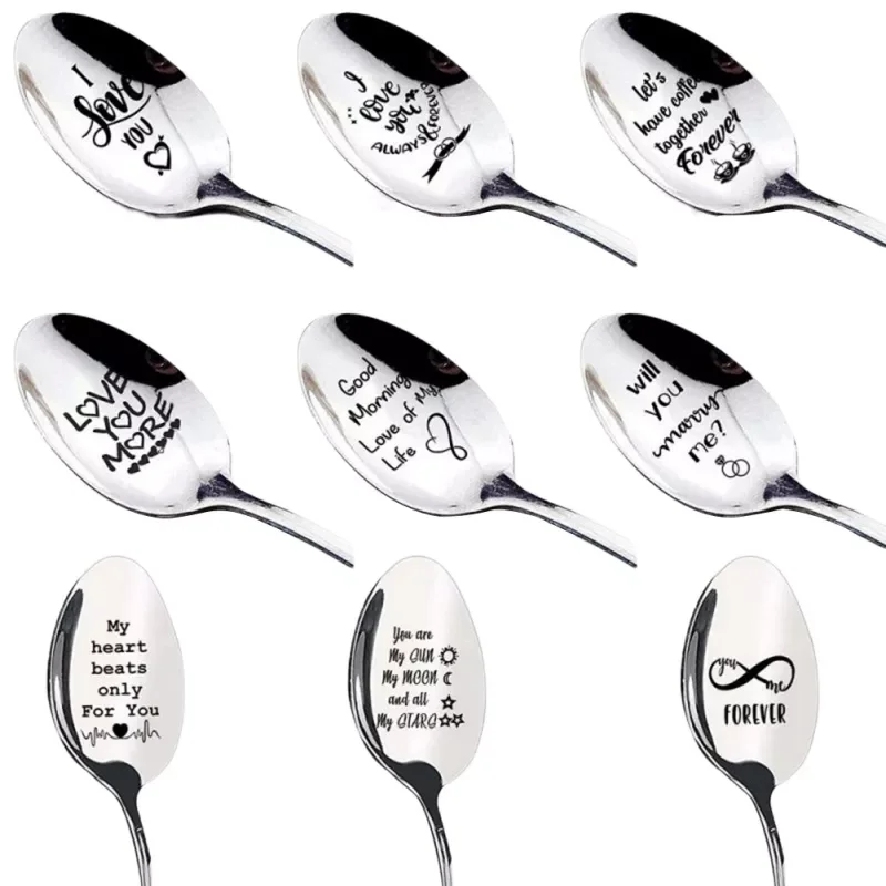 

2023New Day Gifts Stainless Steel Letter Milk Coffee Spoon Dessert Spoons Teaspoon Kitchen Tableware Anniversary Gift