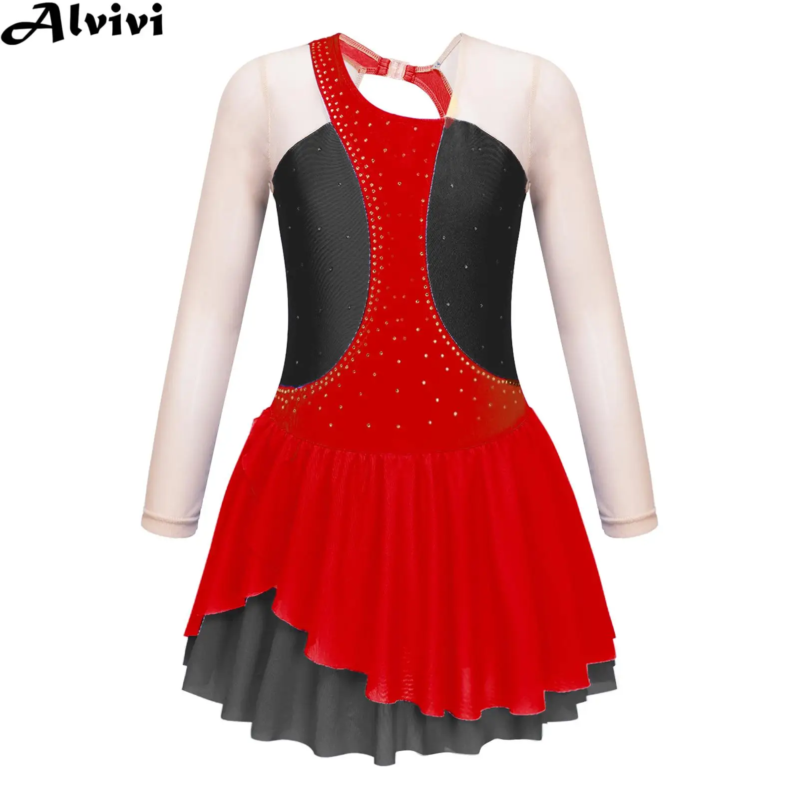 

4-14Y Girls Figure Ice Skating Costume Ballet Dance Gymnastics Acrobatics Leotard Dress Long Sleeve Rhinestone Sheer Mesh Tutu