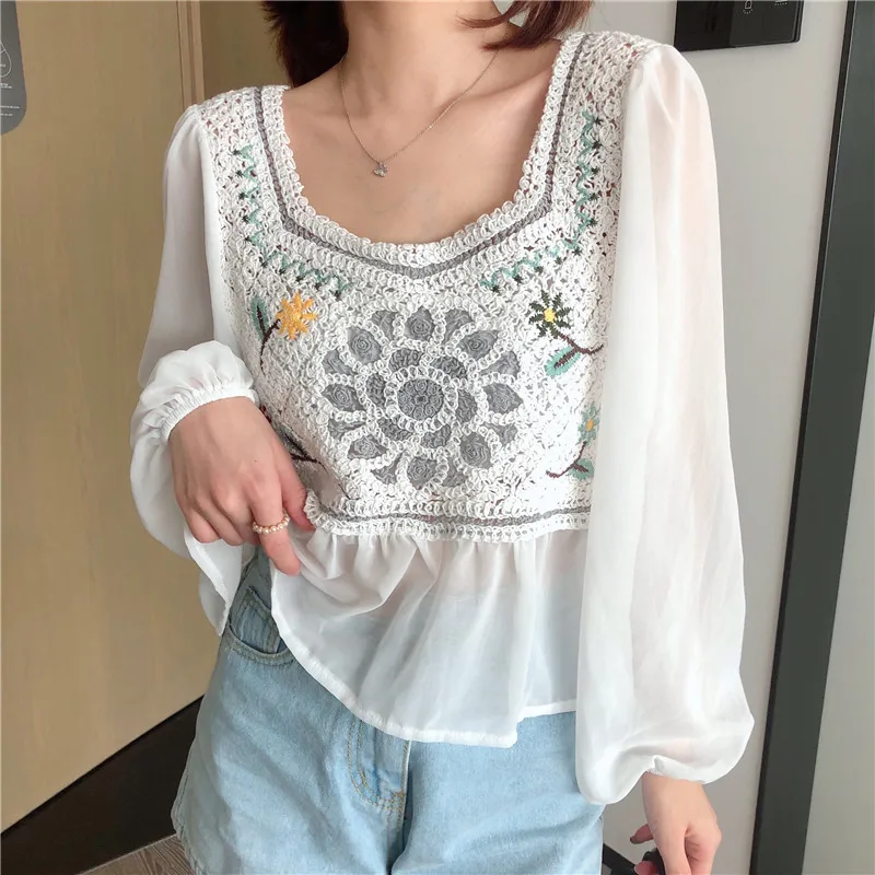 

Blouse Women Spring New French Style Vintage Long Sleeve Embroidery Loose Blusas Womens Tops And Blouses Dropshipping
