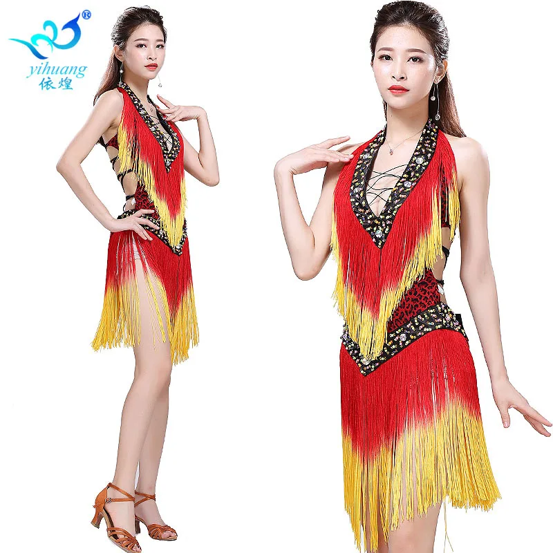 

1pcs/lot woman sexy leopard print tassel latin dress Women Professional Latin Samba dancing v-neck dress