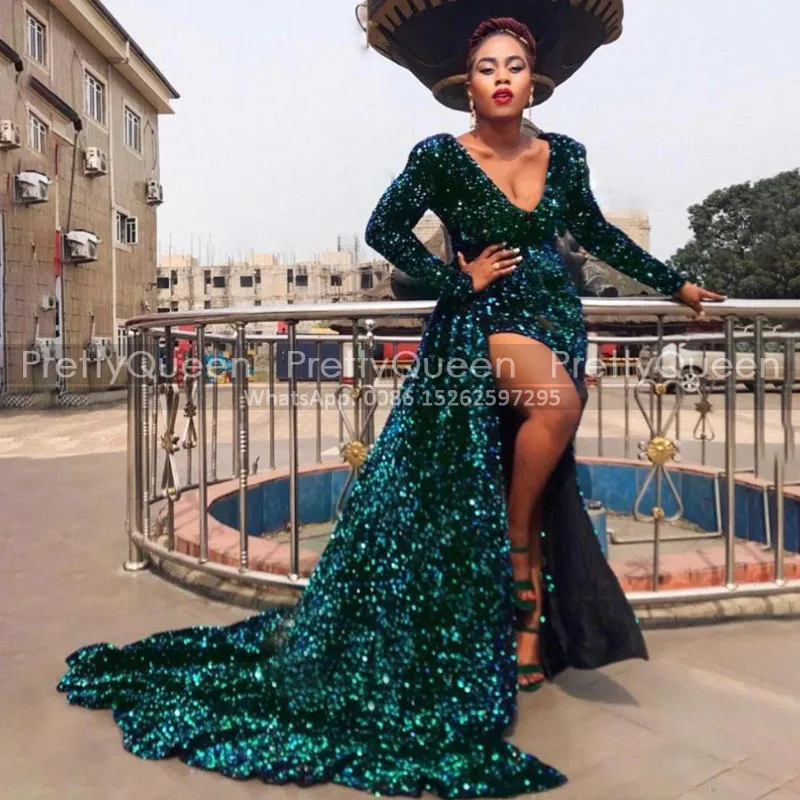 

Sexy Deep V Neck Long Sleeves Prom Dresses Emerald Green Sequins Mermaid Side Split Streamer Sweep Train Women Dress Party