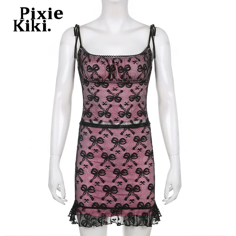 Двухслойный кружевной сетчатый комплект PixieKiki с бантом из двух частей мини-юбка и