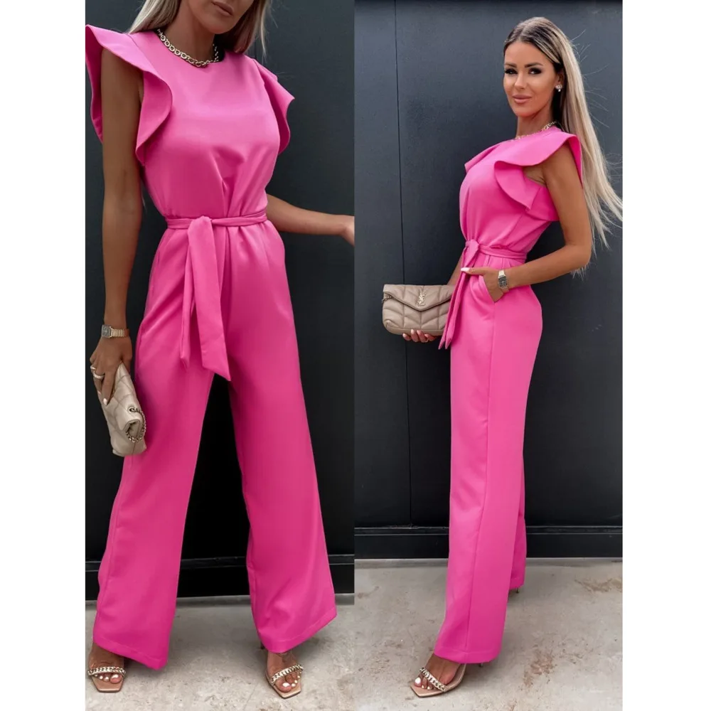 Fashion Wide Leg Jumpsuit Women 2023 Summer Elegant Ruffles Sleeve O Neck Overalls for Office Lady Romper With Belt Jumpsuits