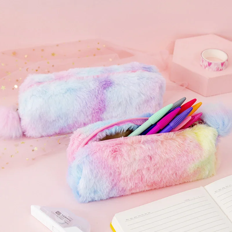 

Creative plush pencil case gradient color cute girl plush octagonal pen bag girl student simple storage bag