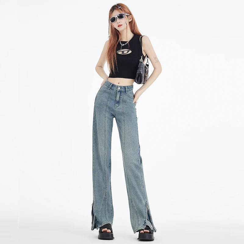 Vintage Blue Jeans Women's Pants High Street 2023 Summer New Foot Opening Split Zipper Button Loose Wide Leg
