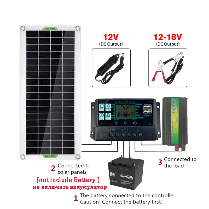 

Солнечная батарея 18 в 30 Вт солнечная панель 2 USB-порта Контроллер заряда 40 А/60 А 1000 Вт Солнечный инвертор комплект полного поколения энергии