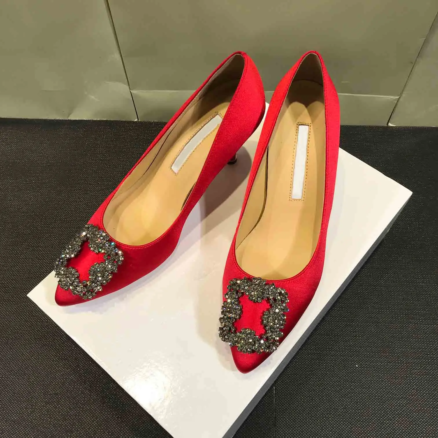 Satin Shoes Toe Pointed Toe Medium Heel Stiletto Square Buckle Women's Shoes Green