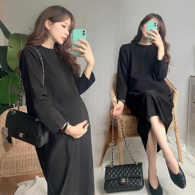 

271# 2022 Spring Korean Fashion Maternity Nursing Long Dress Black Elegant A Line Slim Clothes for Pregnant Women Chic Pregnancy