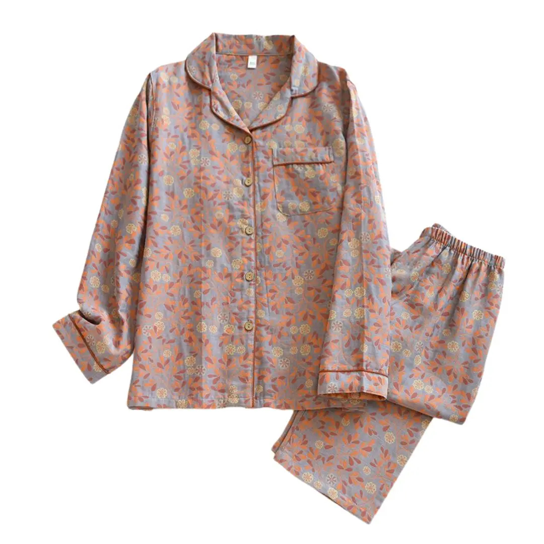 

2023 New Spring And Summer Women's Pajamas Suit Long-Sleeved Trousers Two-piece 100% Cotton Crepe Flower Leaves Home Clothes