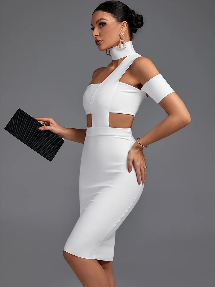 

Женское Бандажное платье с высоким воротником, Белое Облегающее элегантное Сексуальное вечернее праздничное платье с вырезом, летние Клуб...