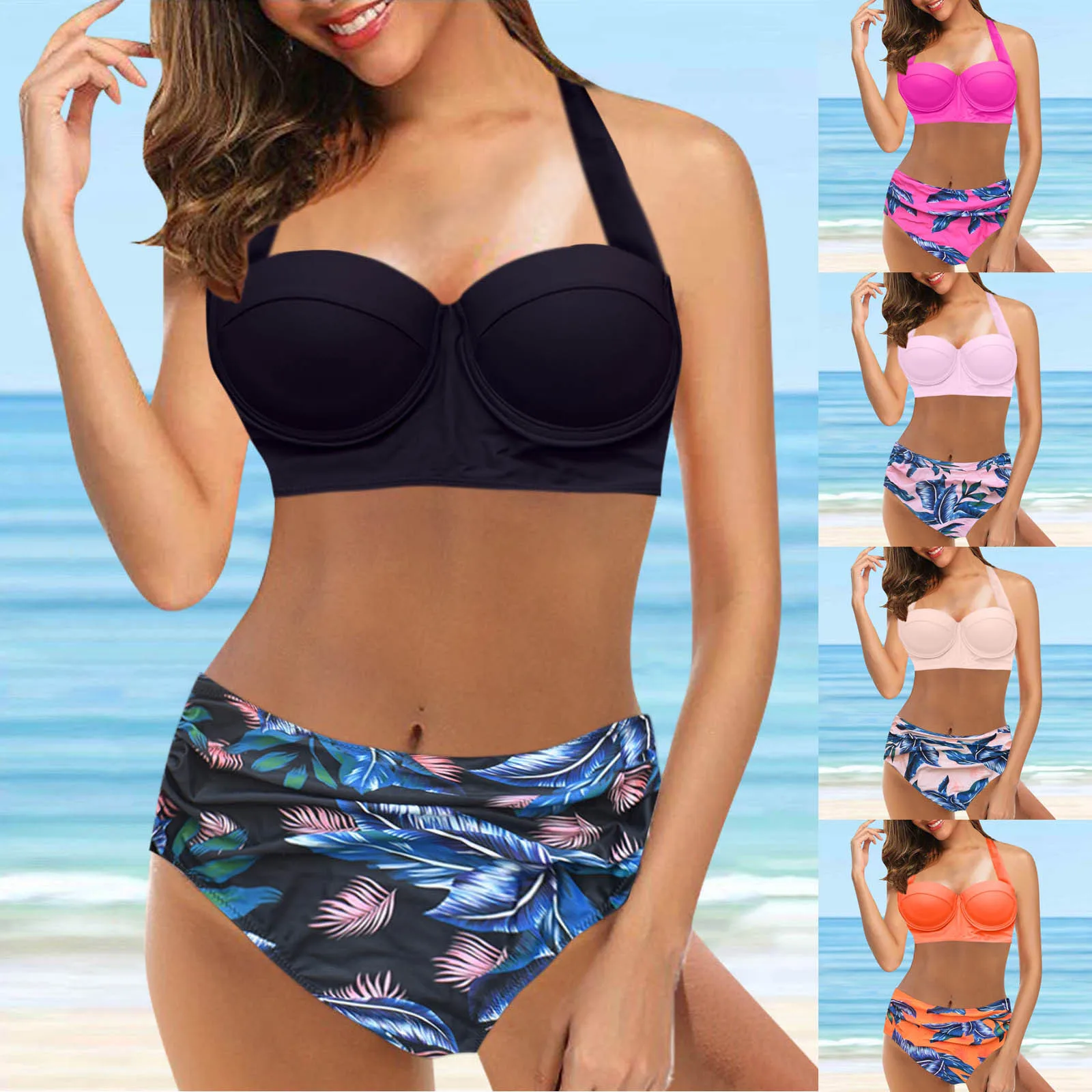 

Womail Sexy High Waist Bikinis 2022 New Halter Swimwear Women Swimsuit Female Bikini Set Print Bodysuit Bathing Suit Summer Biqu