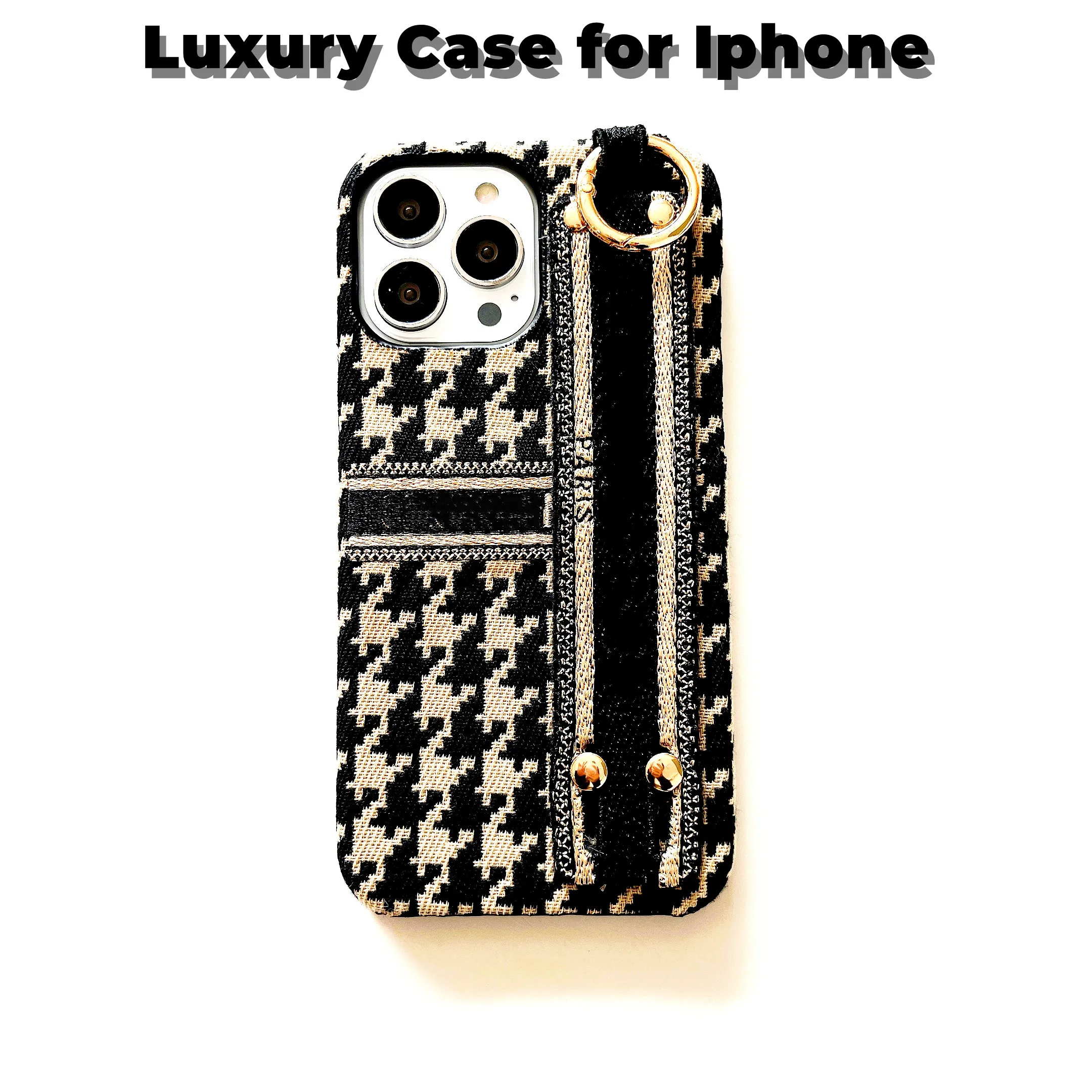 

Luxury Embroidered Knitted Houndstooth Lattice Phone Protective Case for Iphone 13 Promax 12promax 12 Xsmax with Hand-held Strap