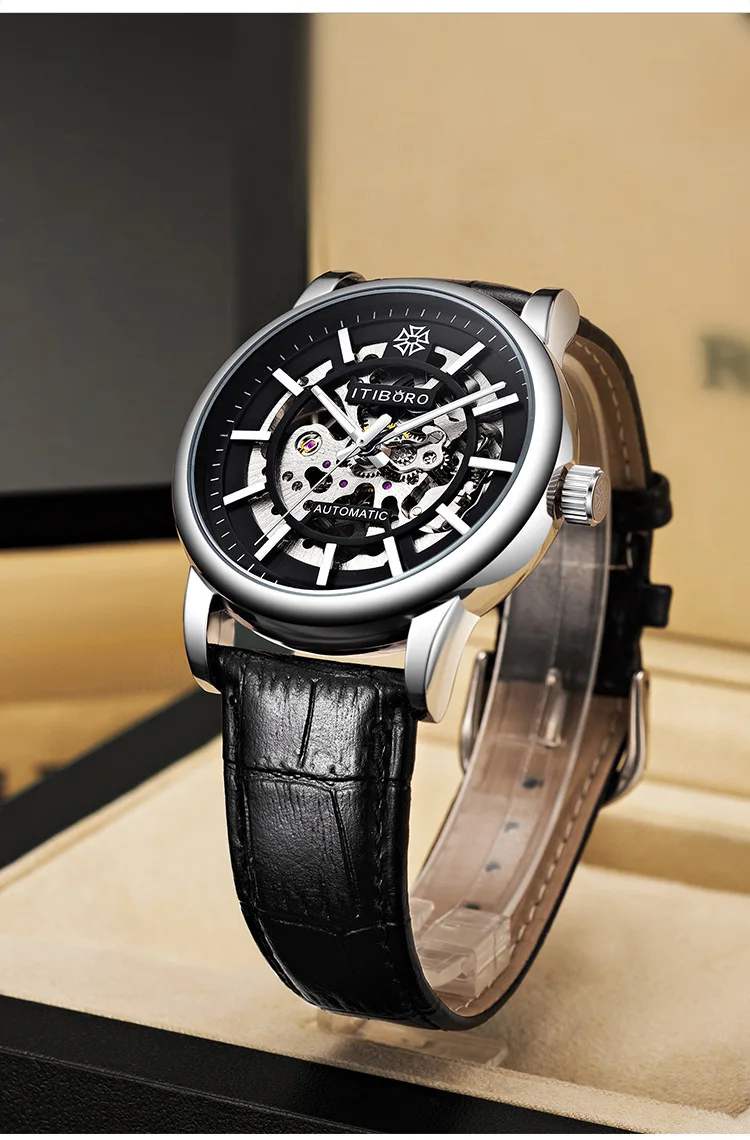 Fully automatic man watch mechanical watches fashion trend hollow out  waterproof leather strap watch for men relogio masculino