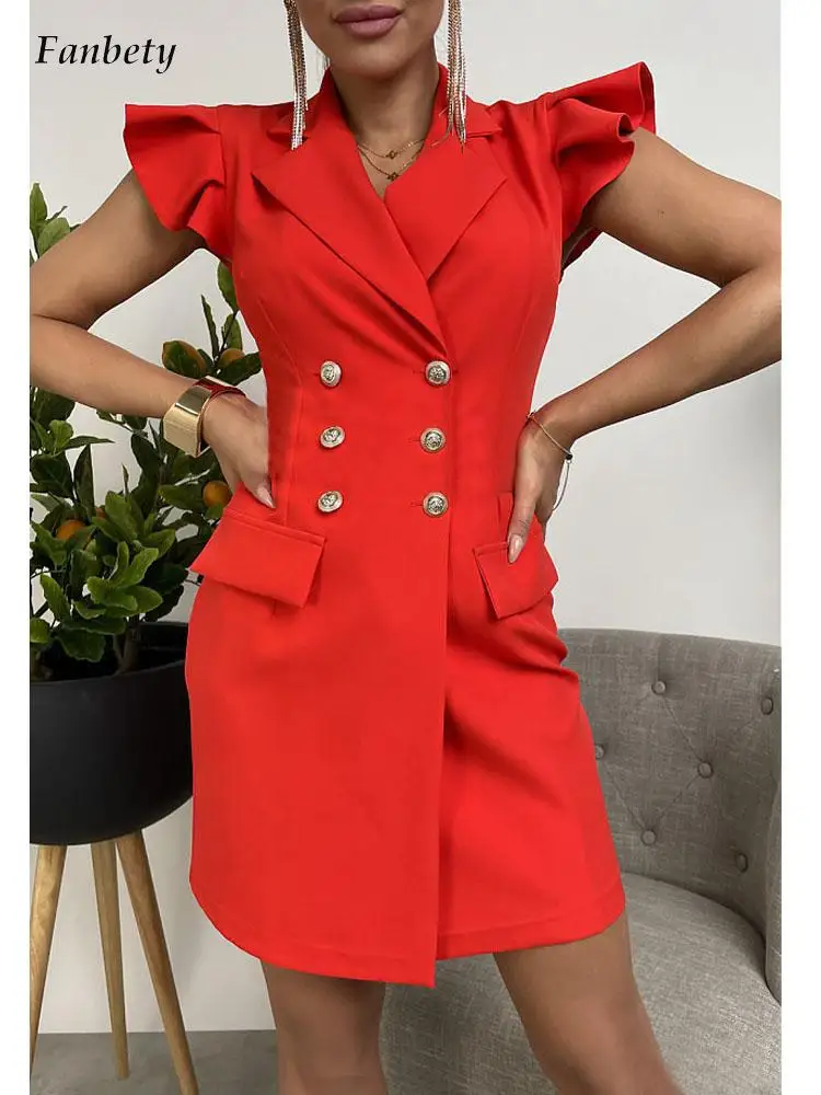 

Женское офисное мини-платье, элегантное однотонное двубортное модное однотонное платье с оборками и летающим рукавом, женское Повседневно...