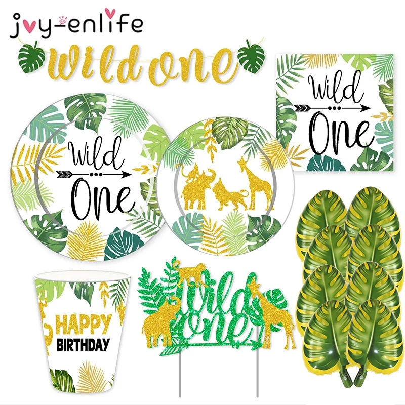 

Wild One Green Theme Party Disposable Tableware Set Paper Plates Napkins Cups Baby Shower Kids Birthday Party Decoration