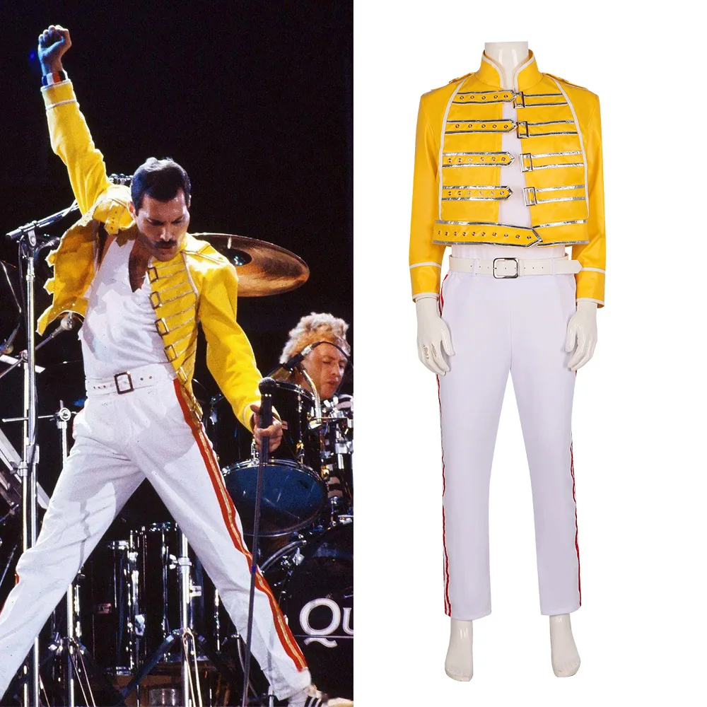 

Queen Lead Vocals Freddie Mercury Cosplay Costume Yellow Leather Jacket Coat Unisex Halloween Carnival Outfit