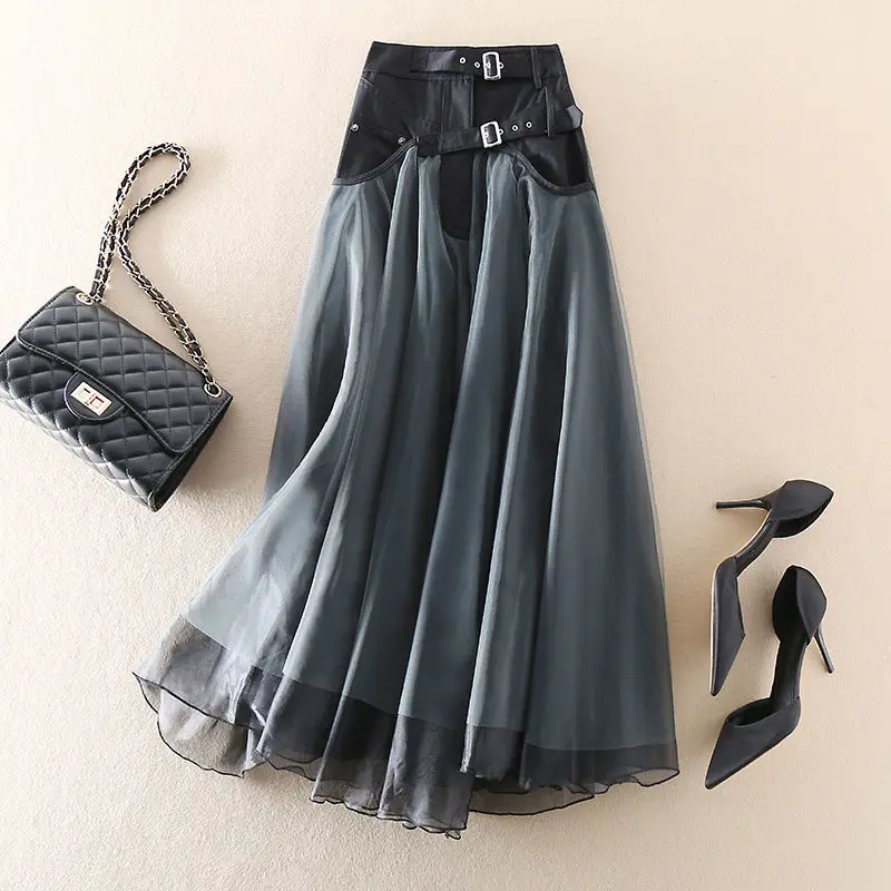 2022 Korean  mesh  skirt with waist bag  black skirt  women clothing  pleated skirt  Casual  A-LINE  Mid-Calf  faldas