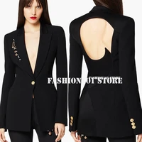 luxury design branded 11 niche design runway fall fashion sexy cut out back metal pendant black blzer female suits blazers s l