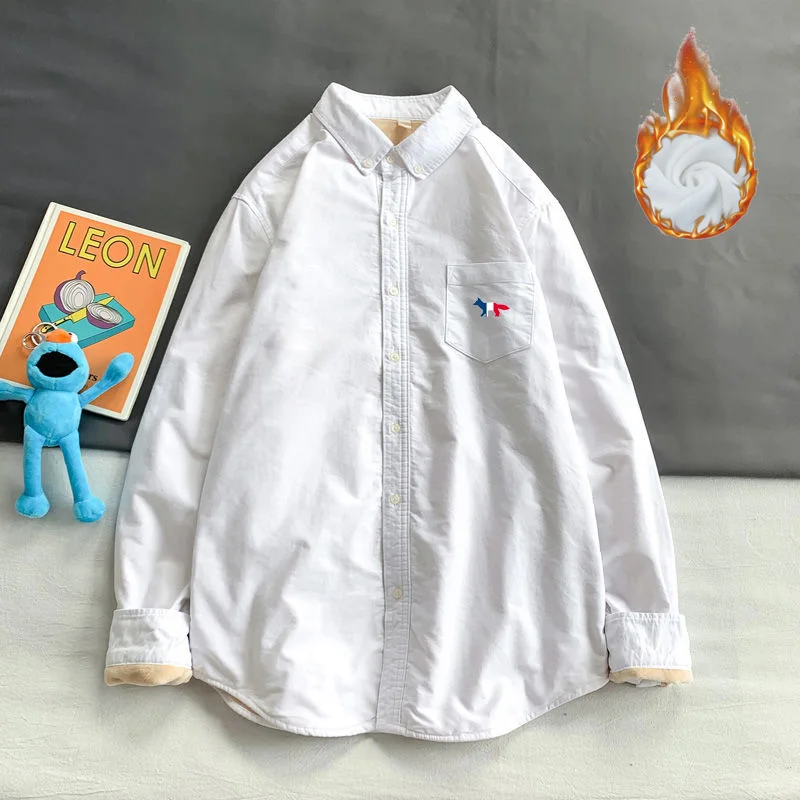 Autumn Mens Shirt Luxury Brand Lazy Fox Embroidery Logo Lapel Shirt Plush Warm Shirt Fashion Long Sleeve Shirt Men Tops