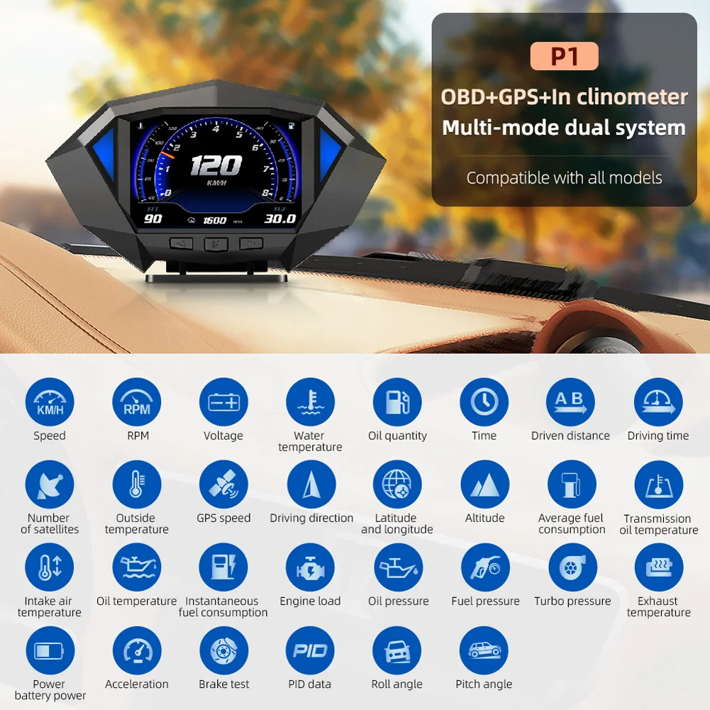 

Автомобильный цифровой хост-дисплей HUD OBD2 + GPS, Спидометр с индикатором уровня топлива, одометр, 2D дисплей с 12 интерфейсами
