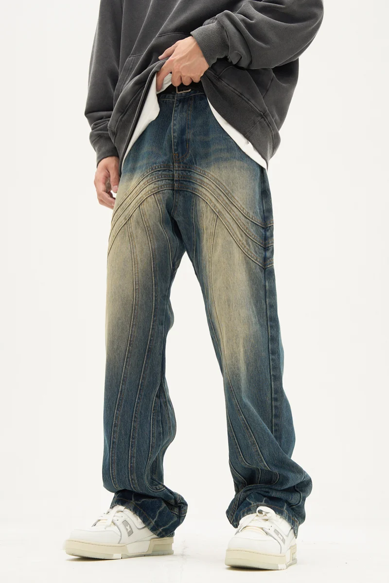 Mens Retro Washed Denim Jeans Loose Straight Pants 2023 New Fashion Streetwear Trousers Hip Hop Casual Zipper Jean Pants Joggers