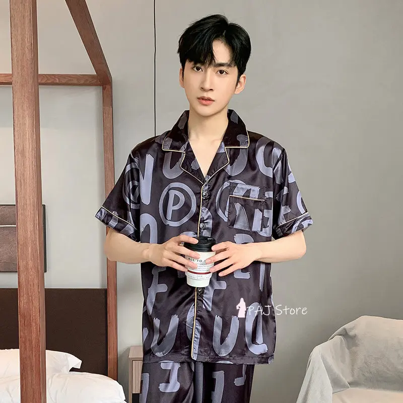 Men Sleepwear Silk Satin Pijama Set Pajama Sets Short Sleeve Sleep Home Clothes Man 2 Pieces Sets Home Suits Pyjamas L-5XL