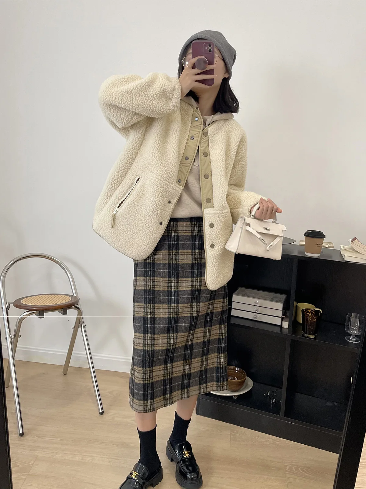 Winter lambswool coat women's loose drawstring tunic