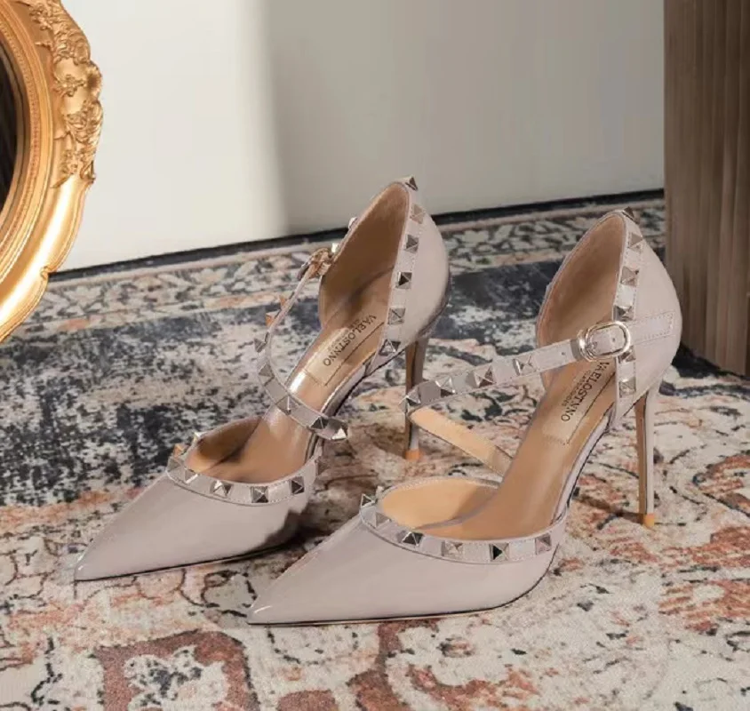 Summer New High Quality Genuine Leather Pumps Fashion Pointed Rivet Women's High Heels Comfortable Office Shoes Women's Sandal