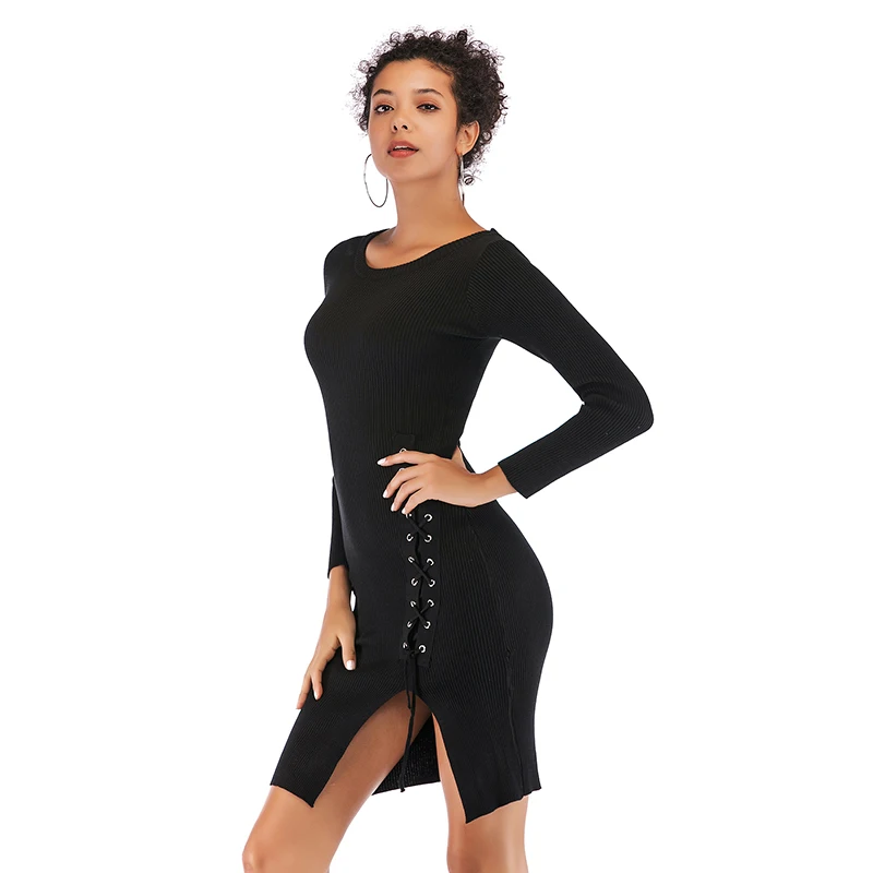 

Bodycon dress for women Square Neck Black Dress Women Elegant Cotton Fashion Side Split Dress Mini Ladies Basic