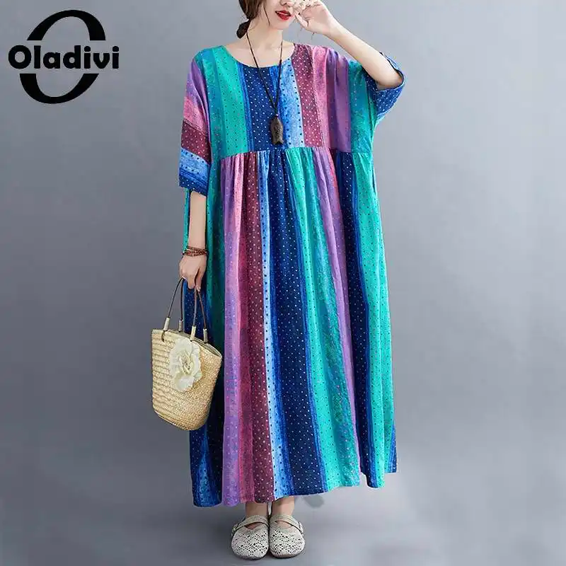 

Oladivi Oversize Oversized Women Fashion Striped Print Long Dress Ladies Summer Casual Loose Dresses Tunic Vestidio 8XL 7XL 6XL