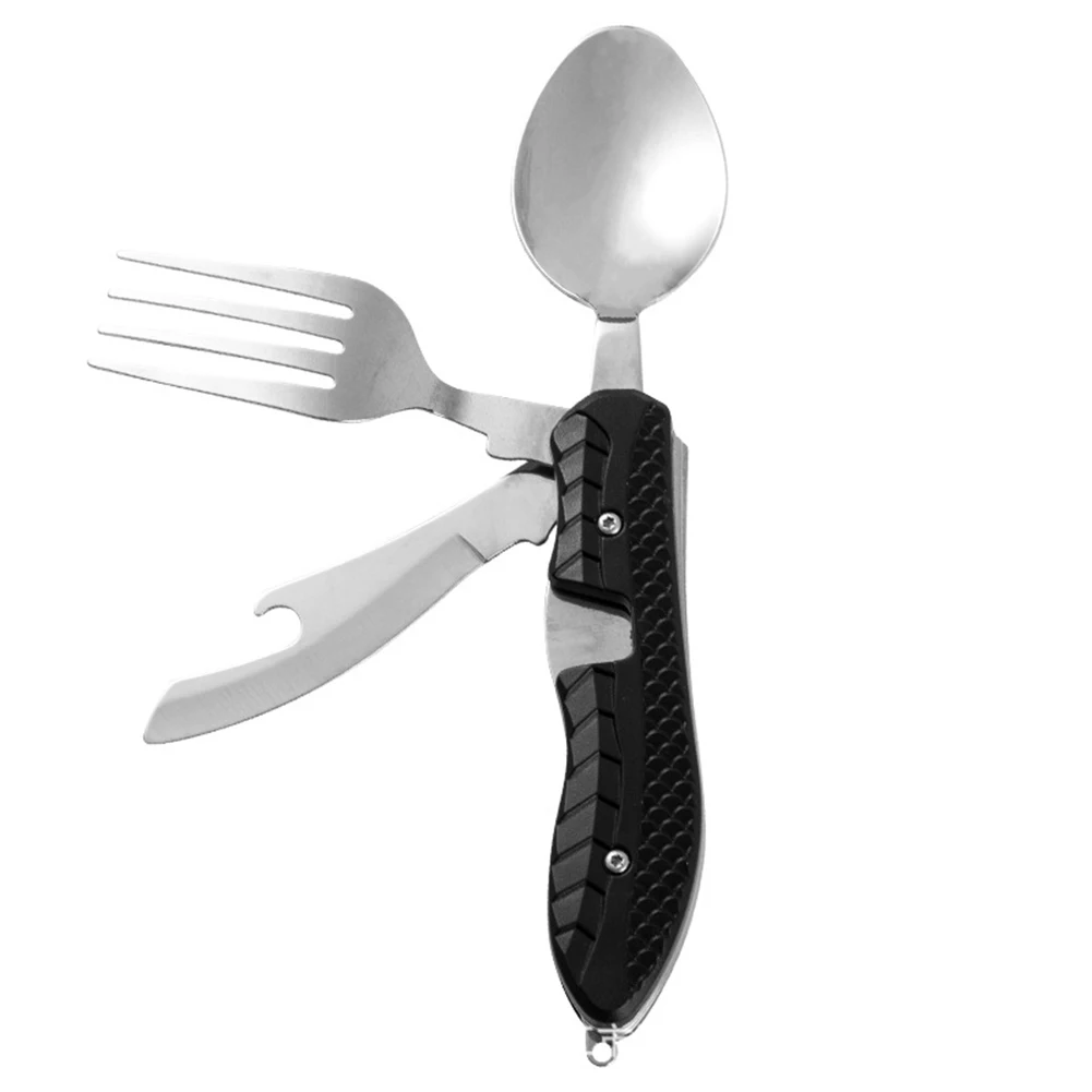 

4 In 1 Portable Folding Utensils Stainless Steel Foldable Spoon Fork Knife Bottle Opener Cutlery Set For Camping Picnic Travel