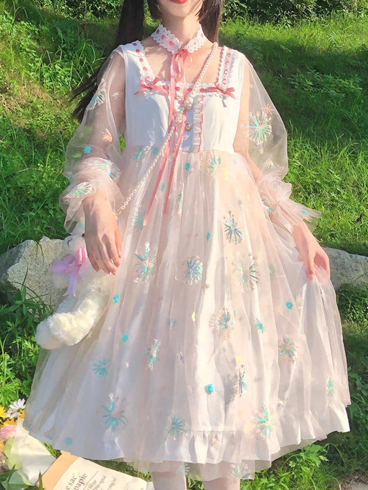 

KIMOKOKM Summer Sweet Lolita Style Square Collar Lace Floral Gauze Designer Dress Bow Full Sleeve Ruffles Girly Fairy Dresses