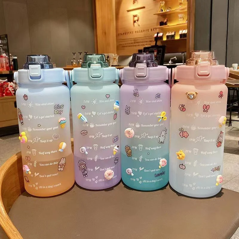 Water Bottle Student Drink Bottle With Straw Large Capacity Fitness Jugs Time Marker Sports Plastic Cups