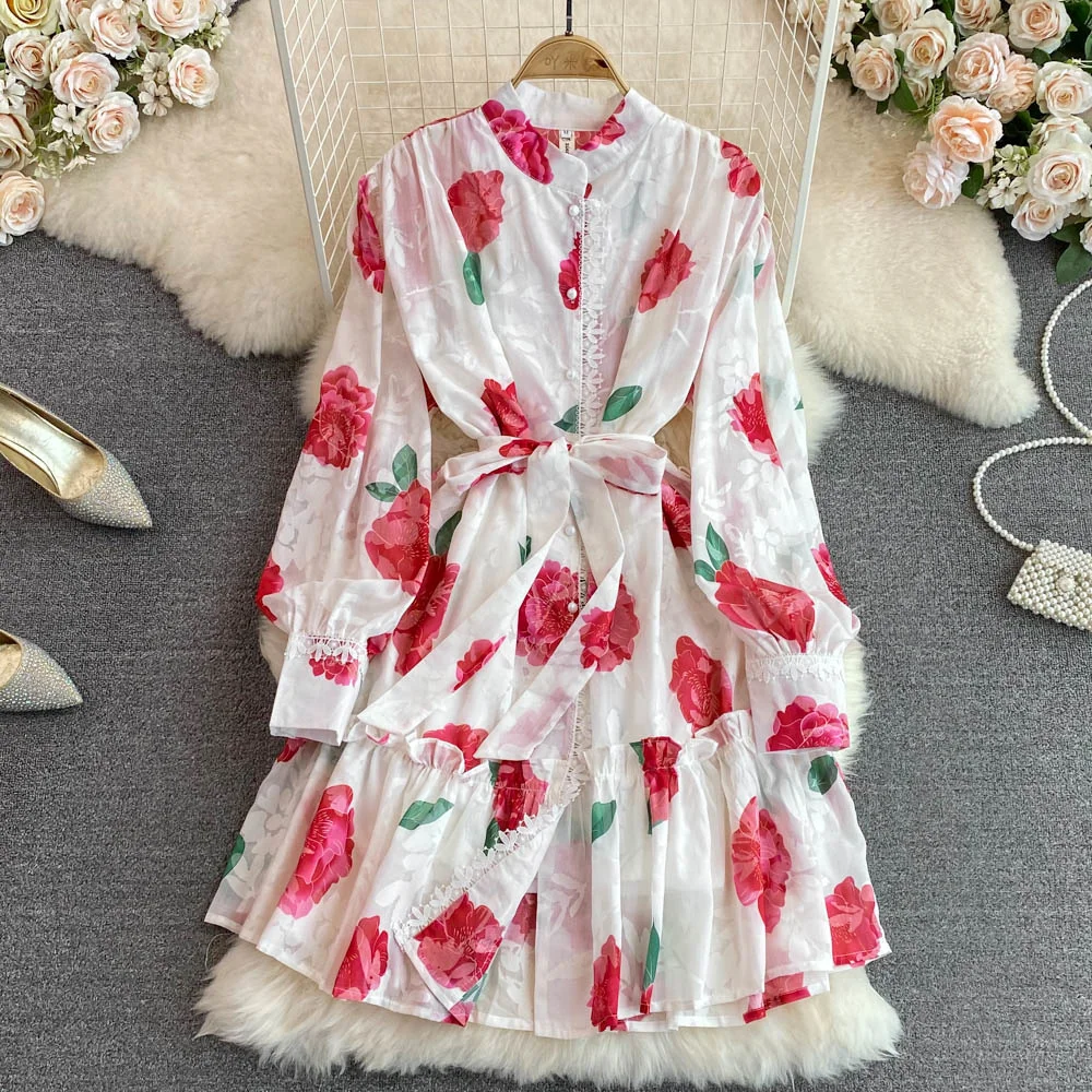 

New Girls Fashion Spring Autumn Shirt Dress High Grade Luxury Stand Collar Lantern Sleeve Dress Women Printed Slim A-Line Dress