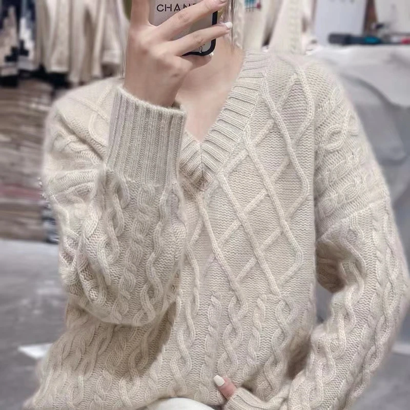 

Casual loose ladies 100% cashmere wool sweater autumn and winter warm and comfortable long-sleeved pullover V-neck sweater new