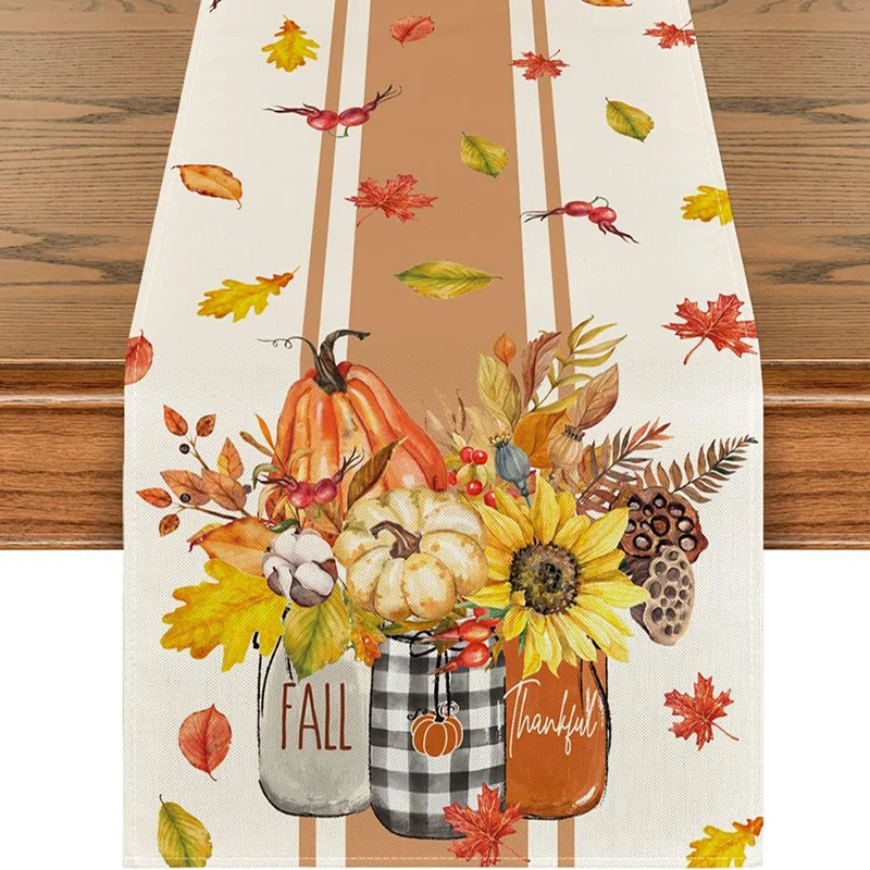 

33x183cm Autumn Christmas Atmosphere Decoration Cover Cloth Pumpkin Maple Leaf Printed Polyester Table Flag
